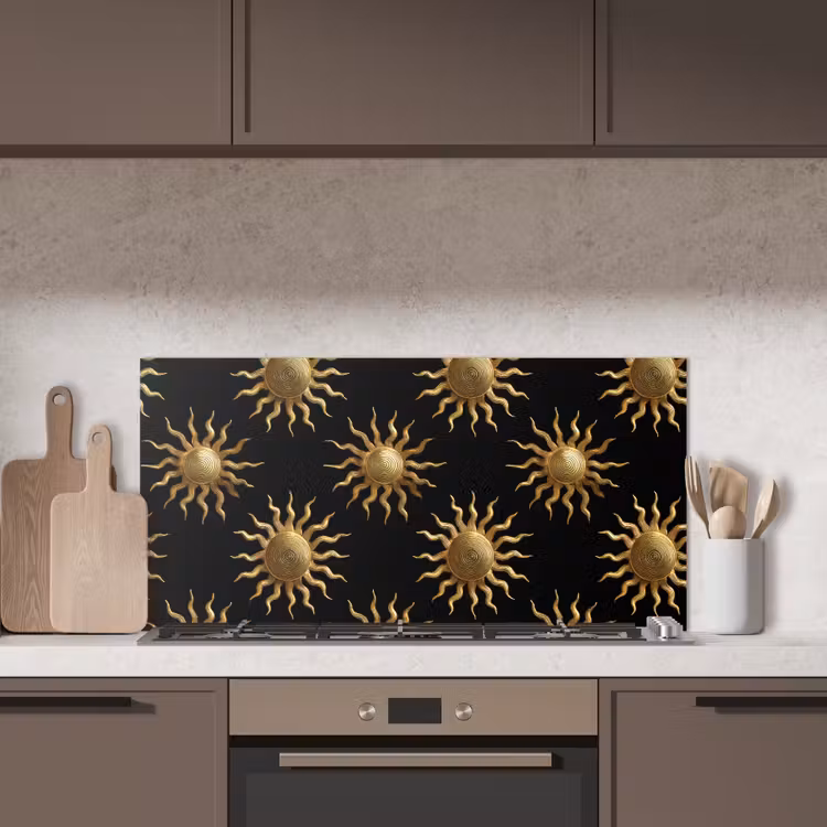 Zon - Patroon - Luxe - Goud - Zwart keuken achterwand spatscherm middel 899 -sfeer2