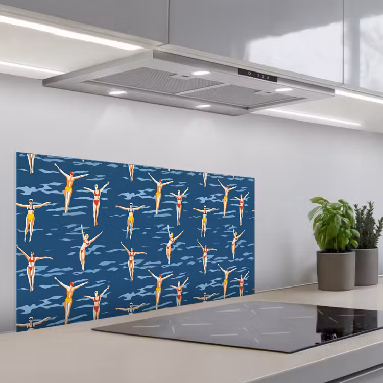 Zwemsters- Retro - Blauw keuken achterwand spatscherm middel 899 -3d_schuin
