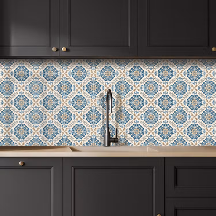 Tegel - Patroon - Blauw - Goud keuken achterwand 2 middel 871 -sfeer1