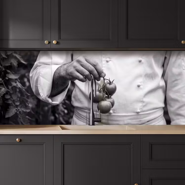 Tomaten - Chef - Zwart - Wit keuken achterwand 2 middel -sfeer1