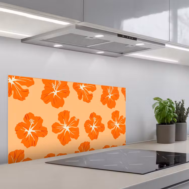 Tropisch - Hibiscus - Oranje keuken achterwand spatscherm middel 899 -3d_schuin