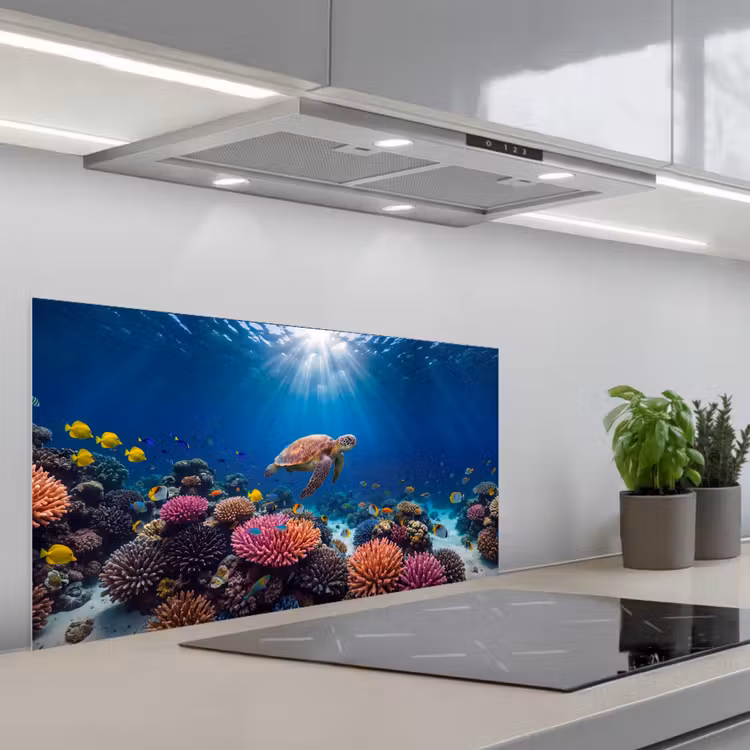 Schildpad - Koraalrif - Oceaan - Dieren - Blauw keuken achterwand spatscherm middel -3d_schuin