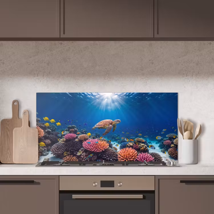 Schildpad - Koraalrif - Oceaan - Dieren - Blauw keuken achterwand spatscherm middel -sfeer2