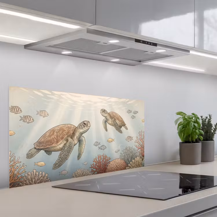 Schildpad - Onderwater - Natuur - Illustratie keuken achterwand spatscherm middel -3d_schuin