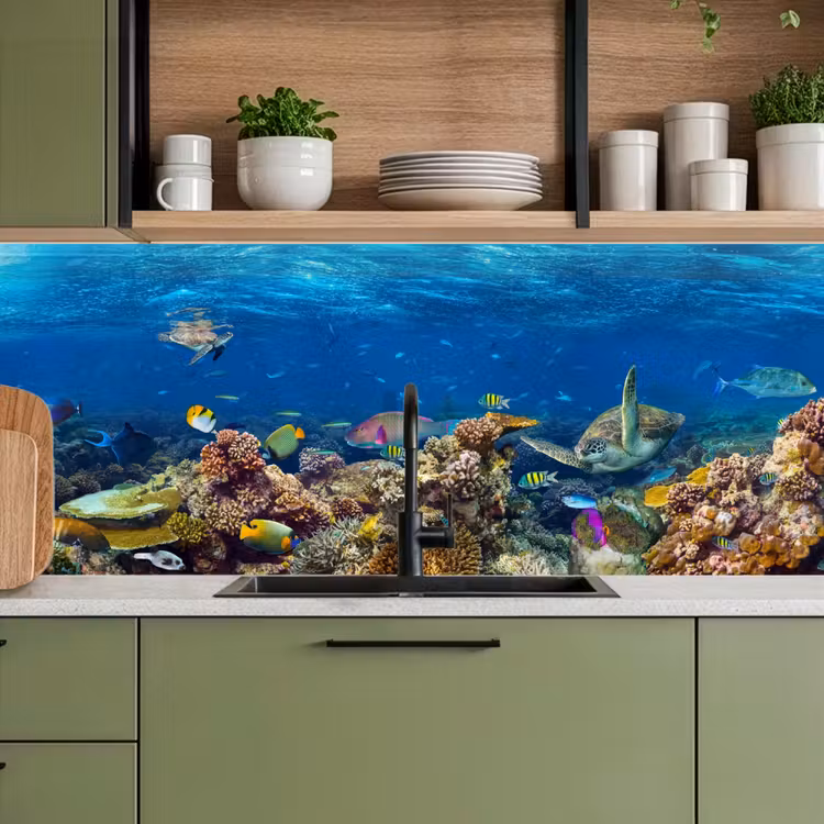 Onderwaterlandschap - Vissen - Schildpad - Blauw keuken achterwand 2 middel -sfeer3