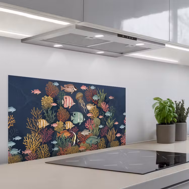 Onderwaterwereld - Vissen - Koraal - Illustratie - Kleurrijk keuken achterwand spatscherm middel -3d_schuin