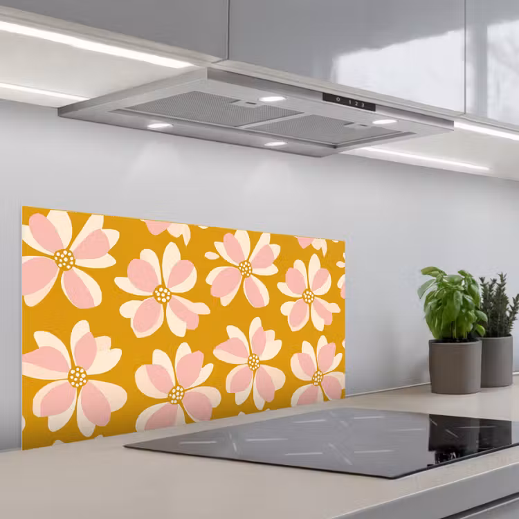 Vintage - Bloemen - Okergeel keuken achterwand spatscherm middel 899 -3d_schuin