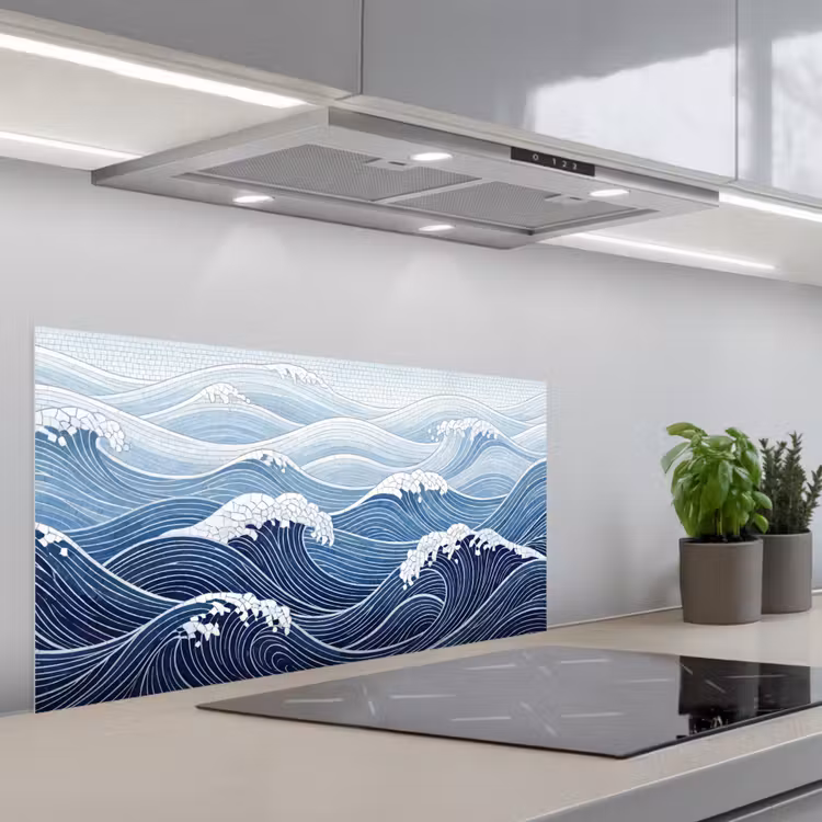 Water - Mozaïek - Landschap - Modern - Blauw keuken achterwand spatscherm middel -3d_schuin