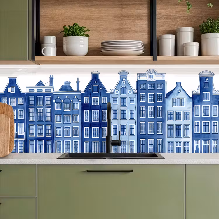 Aquarel - Grachtenpanden - Delfts - Blauw keuken achterwand 2 middel -sfeer3