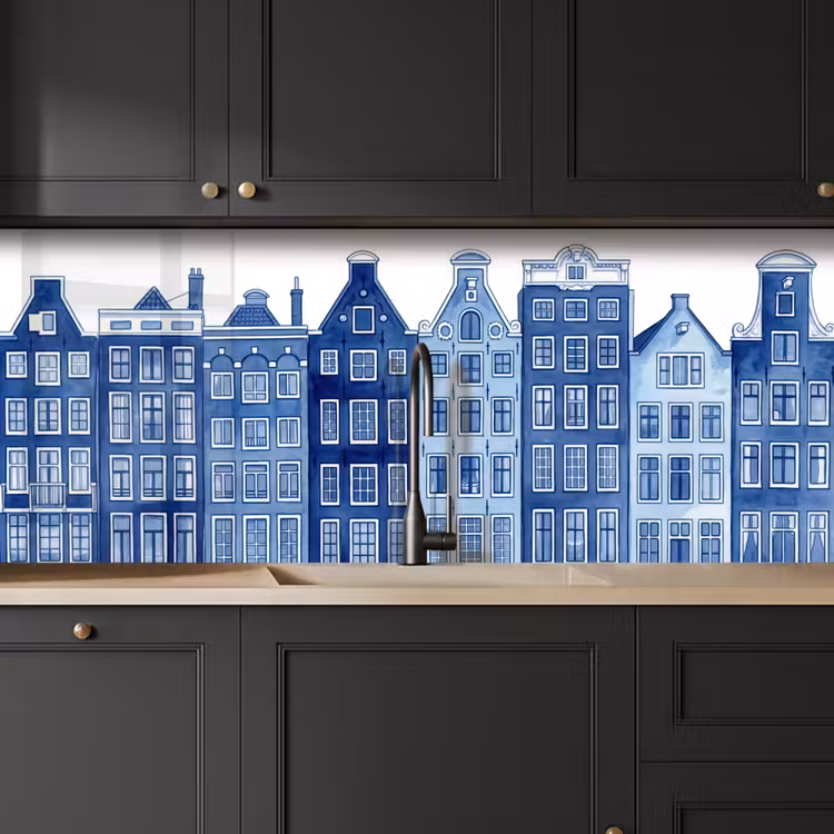 Aquarel - Grachtenpanden - Delfts - Blauw keuken achterwand 2 middel -sfeer1