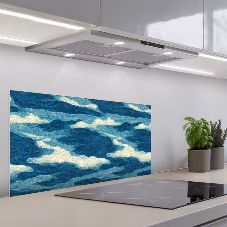 Golven - Abstract - Patroon - Blauw - Wit keuken achterwand spatscherm middel 899 -3d_schuin