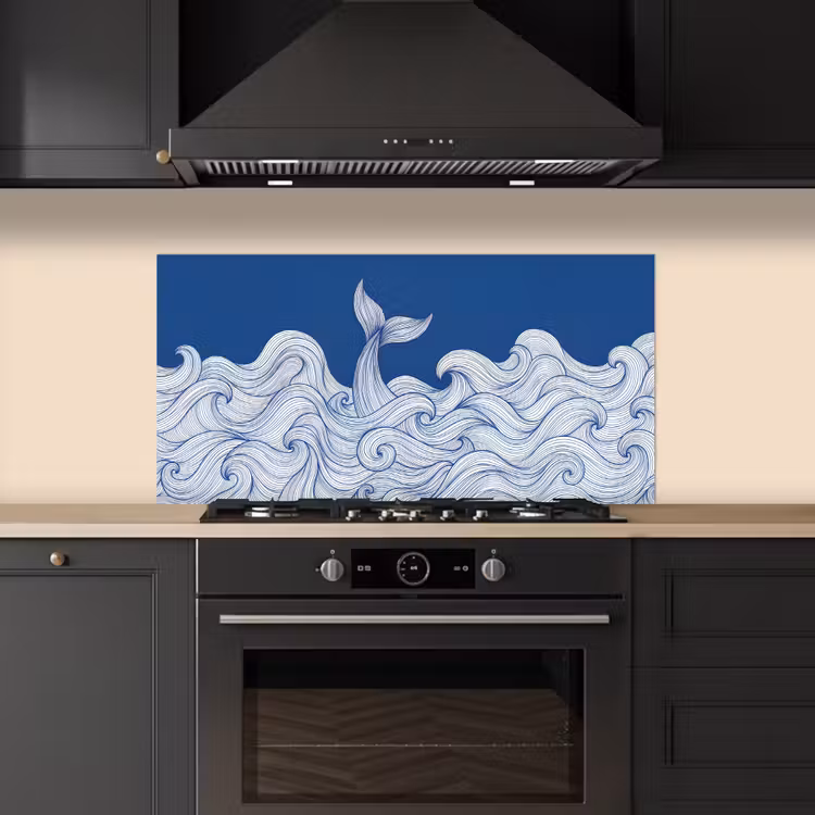 Walvis - Staart - Golven - Lijntekening - Blauw keuken achterwand spatscherm middel -sfeer1