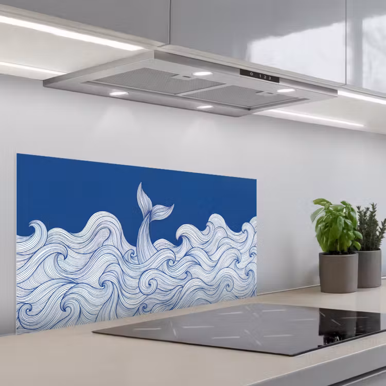 Walvis - Staart - Golven - Lijntekening - Blauw keuken achterwand spatscherm middel -3d_schuin