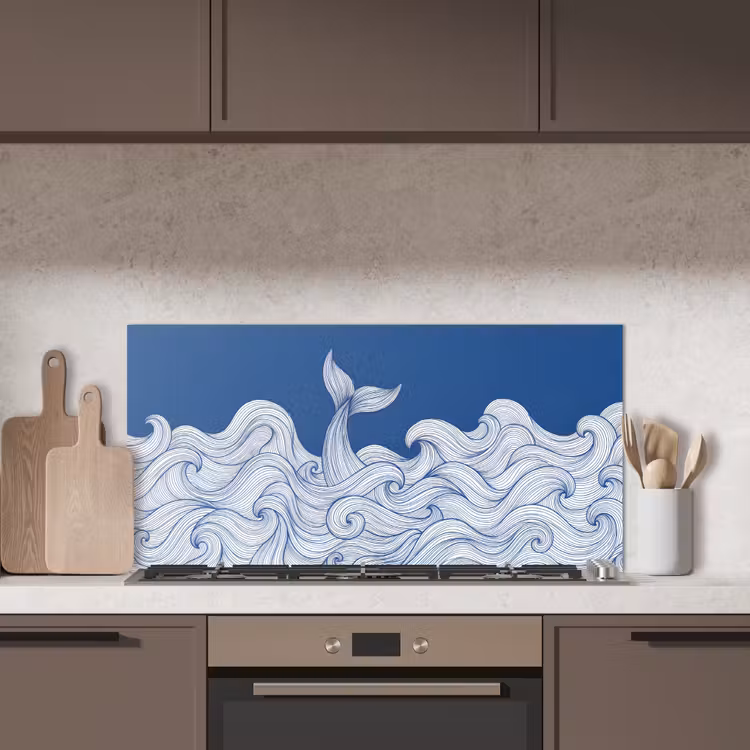 Walvis - Staart - Golven - Lijntekening - Blauw keuken achterwand spatscherm middel -sfeer2