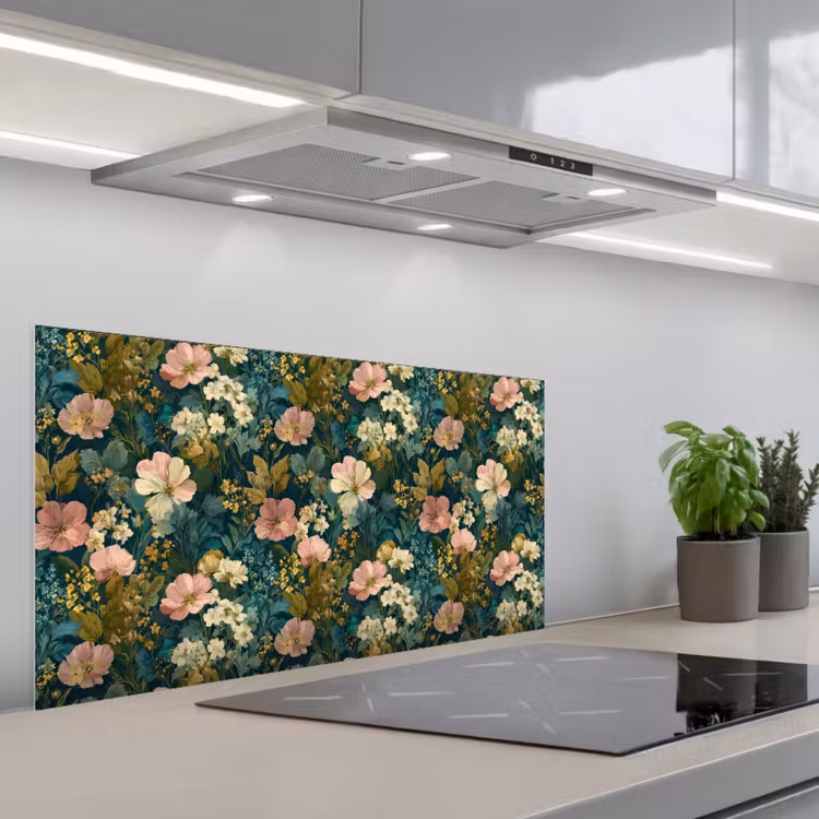 Wilde bloemen - Botanisch - Patroon - Roze - Romantisch keuken achterwand spatscherm middel 899 -3d_schuin