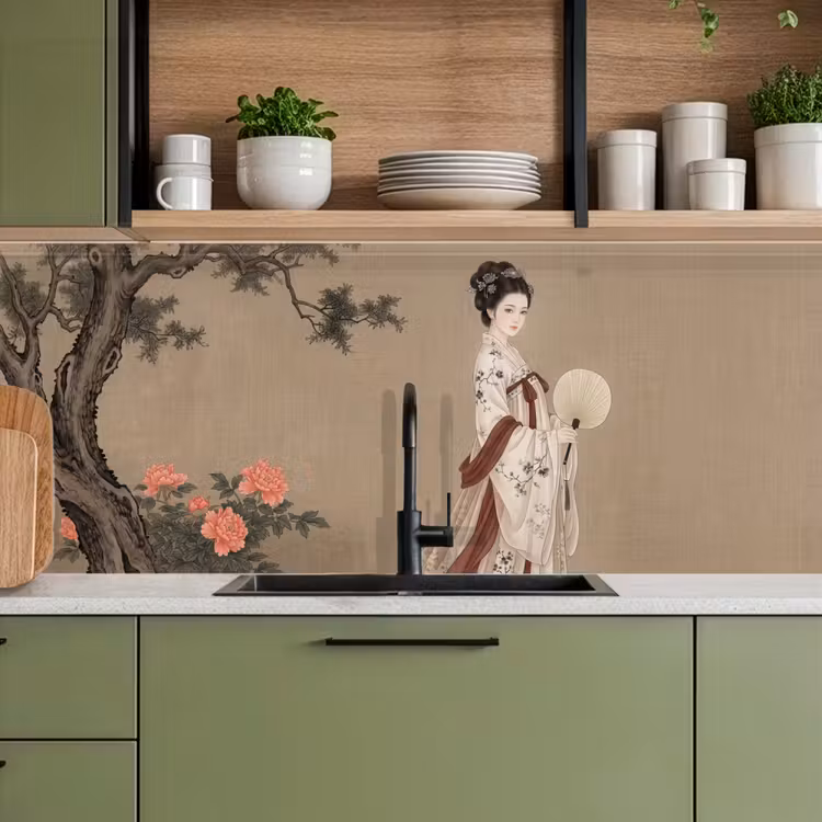 Vrouw - Azië - Kunst - Beige keuken achterwand 2 middel -sfeer3