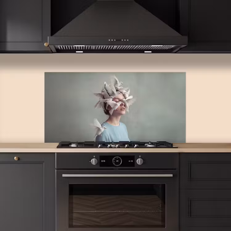 Vrouw - Vogels - Abstract - Modern - Wit keuken achterwand spatscherm middel -sfeer1