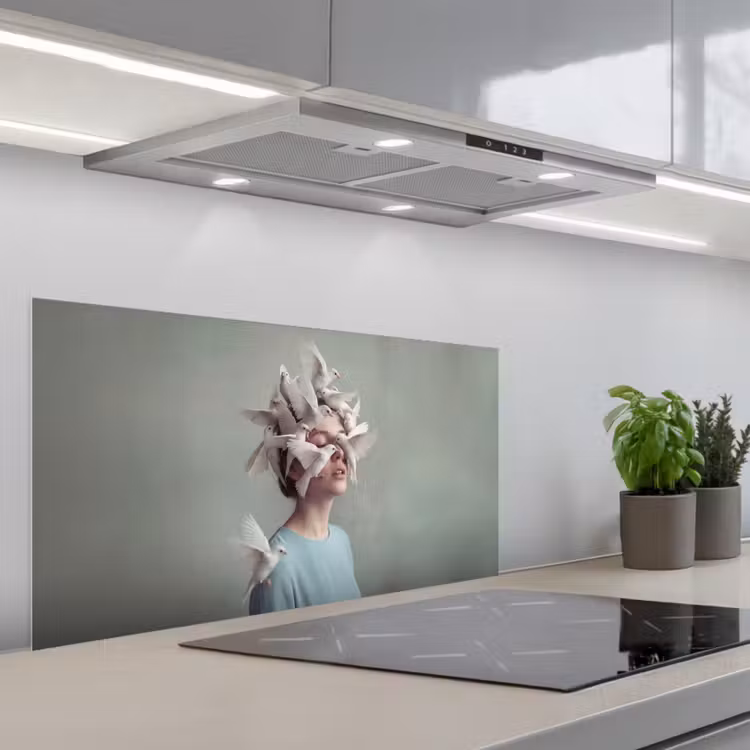 Vrouw - Vogels - Abstract - Modern - Wit keuken achterwand spatscherm middel -3d_schuin
