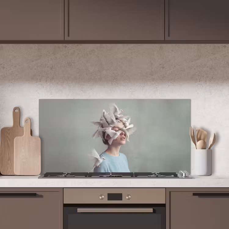 Vrouw - Vogels - Abstract - Modern - Wit keuken achterwand spatscherm middel -sfeer2