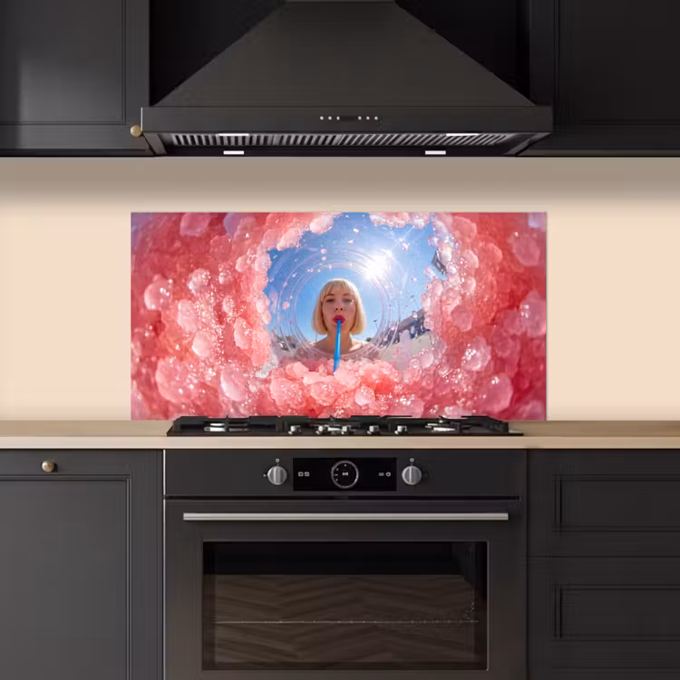 Vrouw - Drank - Zomer - Roze - Blauw keuken achterwand spatscherm middel -sfeer1