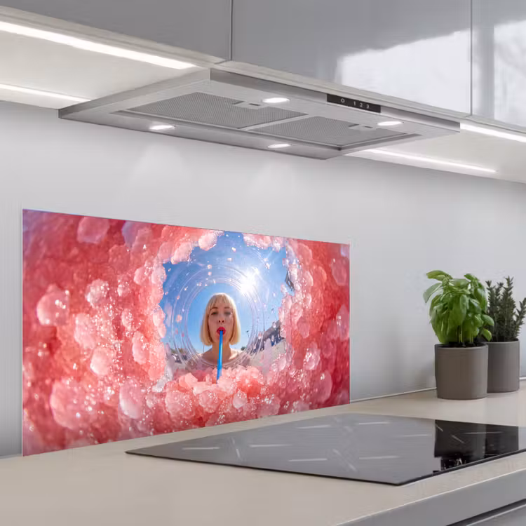 Vrouw - Drank - Zomer - Roze - Blauw keuken achterwand spatscherm middel -3d_schuin