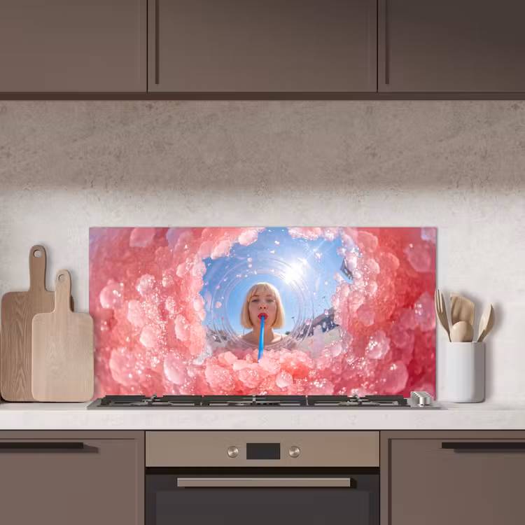 Vrouw - Drank - Zomer - Roze - Blauw keuken achterwand spatscherm middel -sfeer2