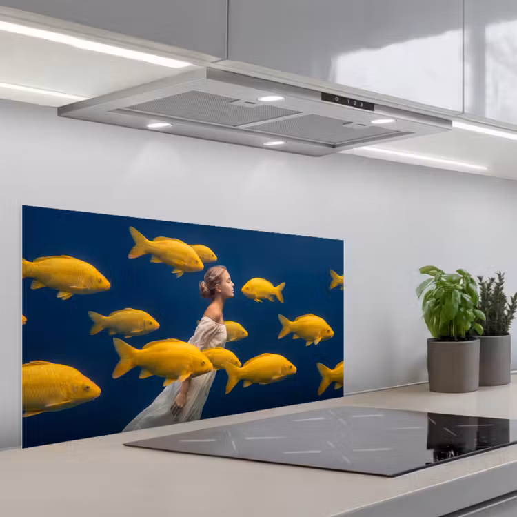 Vrouw - Vis - Water - Natuur - Geel keuken achterwand spatscherm middel -3d_schuin