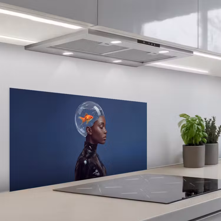 Vrouw - Goudvis - Hoofd - Abstract - Blauw keuken achterwand spatscherm middel -3d_schuin