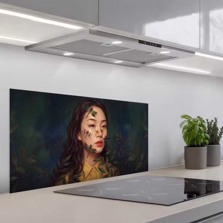 Vrouw - Insecten - Natuur - Portret - Groen keuken achterwand spatscherm middel -3d_schuin
