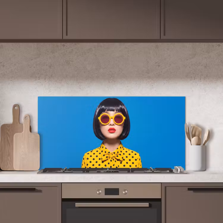 Vrouw - Zonnebril - Pop Art - Portret - Geel keuken achterwand spatscherm middel -sfeer2
