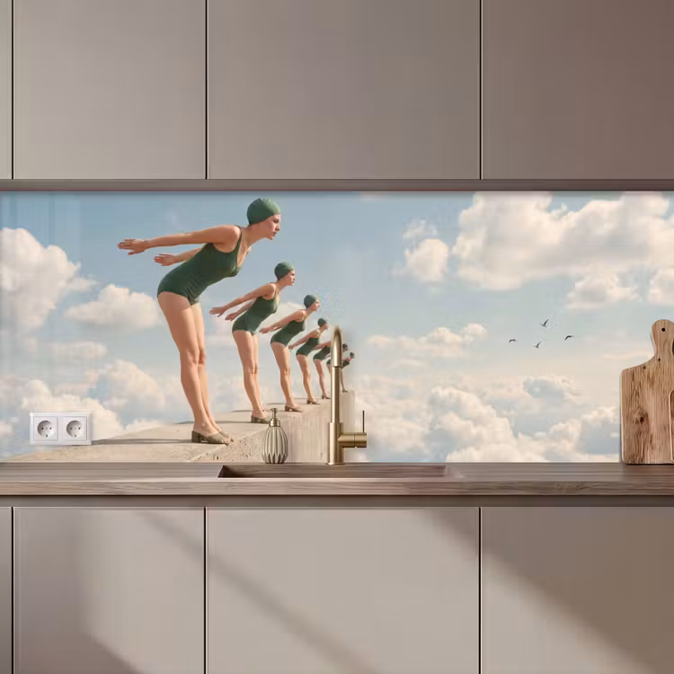 Kitchen Wall Splashback - Women - Diving Pose - Clouds - Vrouwen - Duikhouding - Wolken keuken achterwand 2 middel zz_3dshopping