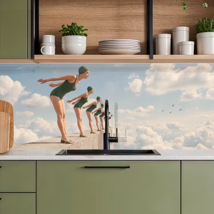 Kitchen Wall Splashback - Women - Diving Pose - Clouds - Vrouwen - Duikhouding - Wolken keuken achterwand 2 middel