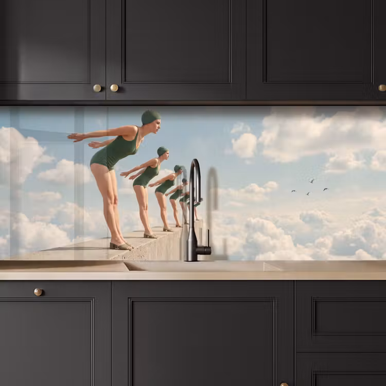 Kitchen Wall Splashback - Women - Diving Pose - Clouds - Vrouwen - Duikhouding - Wolken keuken achterwand 2 middel