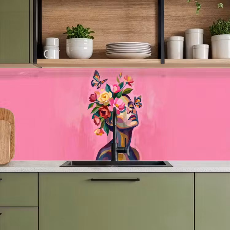 Vrouwengezicht - Vlinders - Kleurrijk keuken achterwand 2 middel -sfeer3