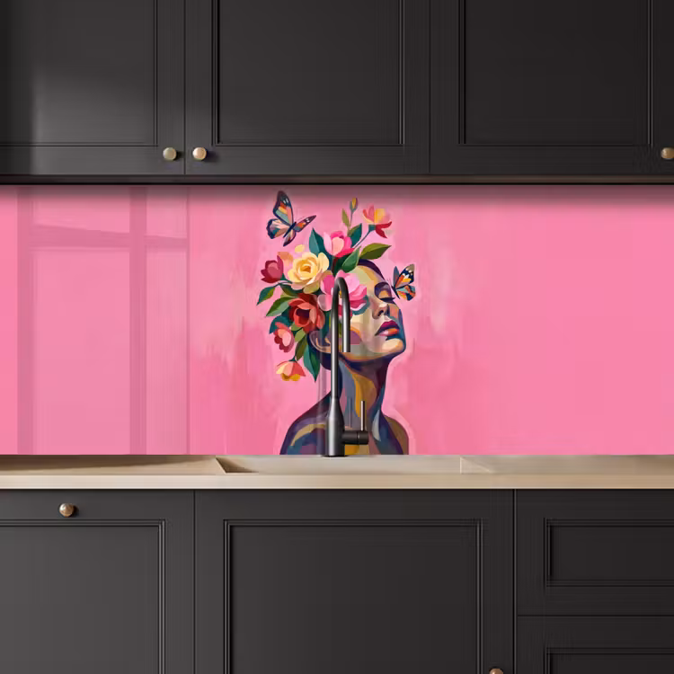 Vrouwengezicht - Vlinders - Kleurrijk keuken achterwand 2 middel -sfeer1
