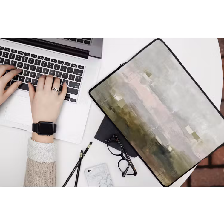 Abstract - Gelaagd - Kunst - Modern - Grijs-Groen laptophoes neopreen klein -bureau
