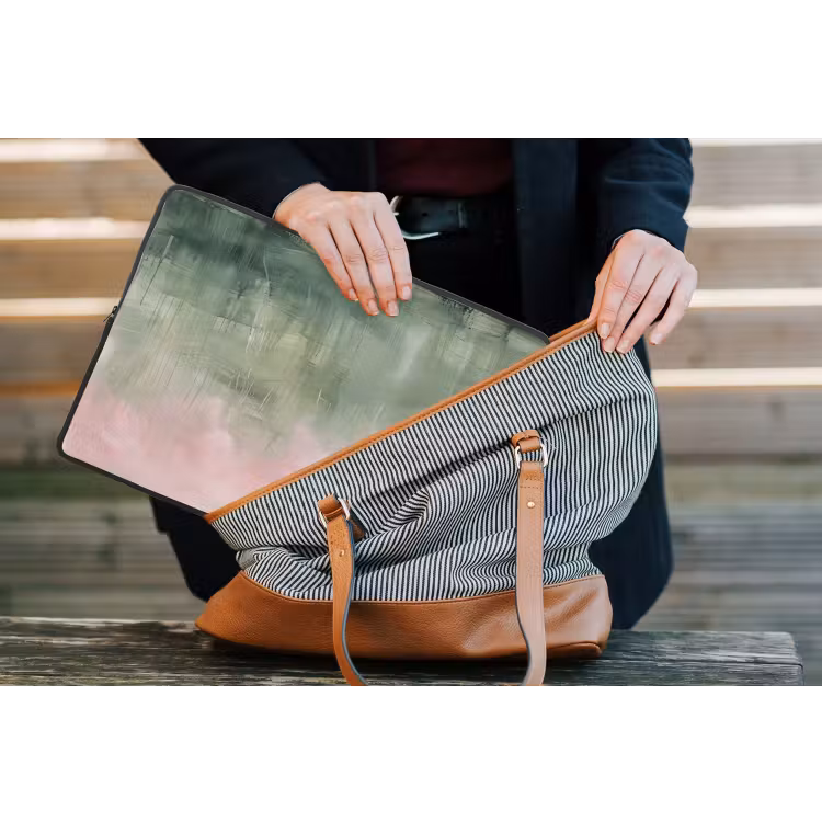 Kunst - Abstract - Modern - Groen - Roze laptophoes neopreen klein -tas