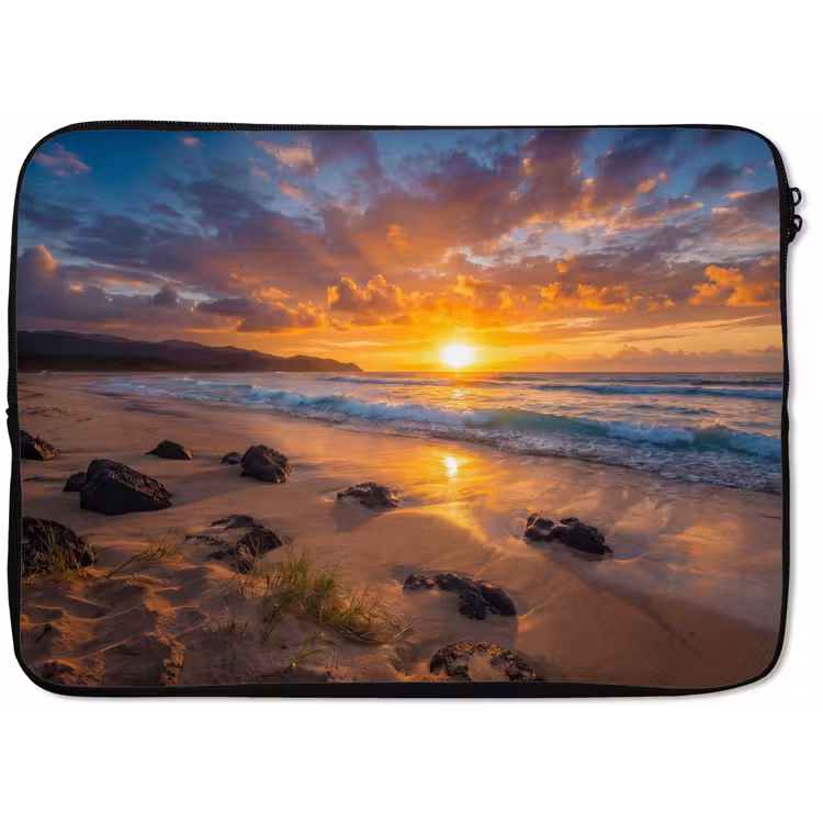 Strand - Zonsondergang - Golven - Natuur - Oranje laptophoes neopreen klein -zkaufland3dotto