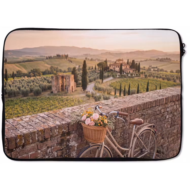 Fiets - Bloemen - Toscane - Landschap - Roze laptophoes neopreen klein -zkaufland3dotto