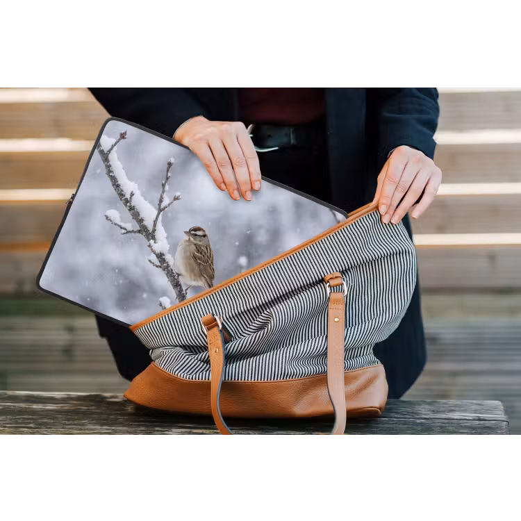 Vogel - Tak - Sneeuw - Winter laptophoes neopreen klein -tas