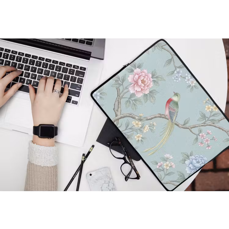 Vogel - Bloemen - Kleurrijk laptophoes neopreen klein -bureau