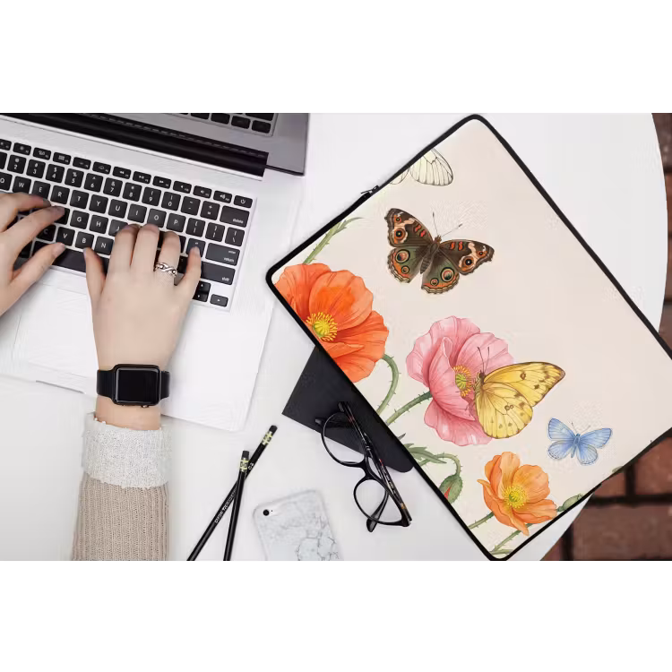 Vlinders - Klaprozen - Illustratie - Kleurrijk laptophoes neopreen klein -bureau