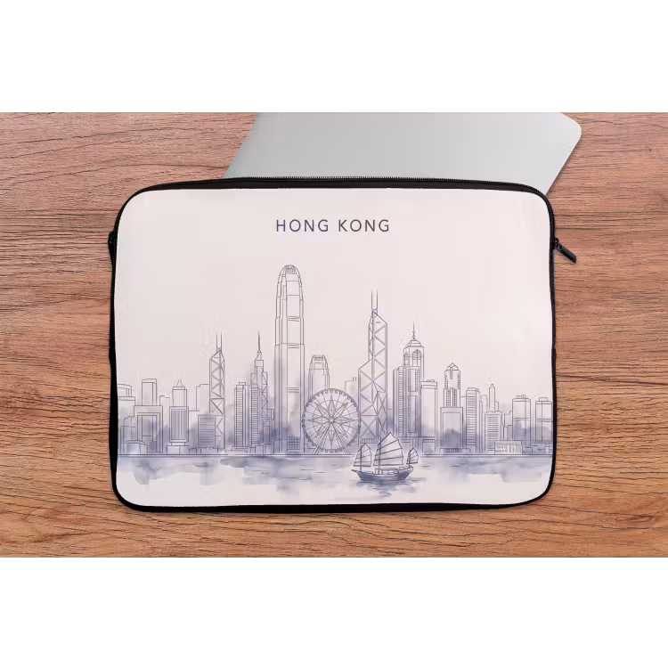 Stad - Skyline - Water - Lijntekening - Blauw laptophoes neopreen klein -tafel