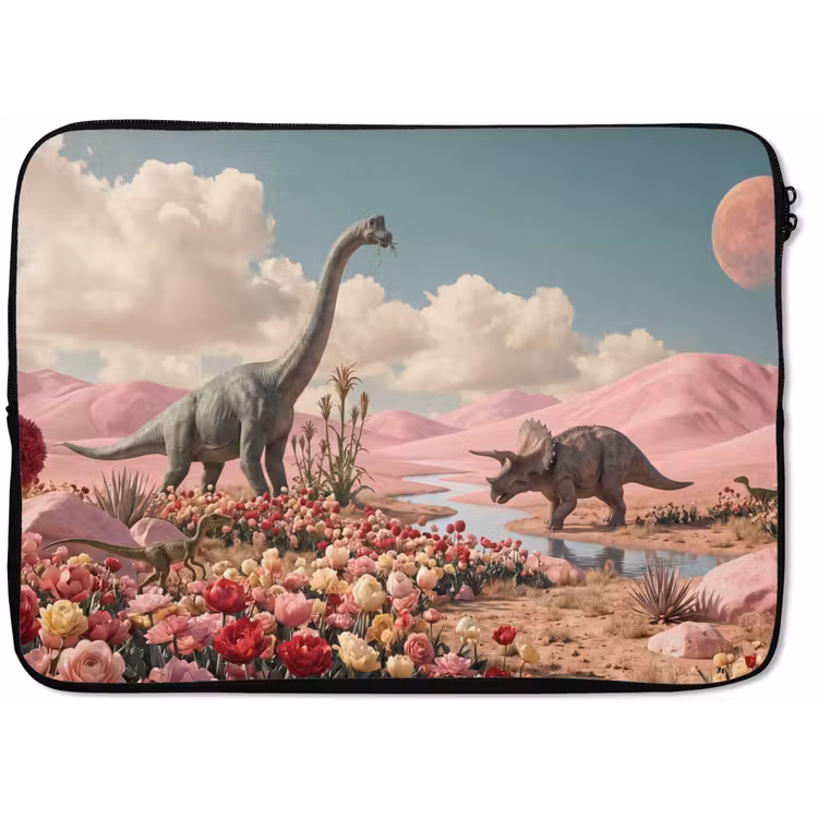 Laptop Sleeve - Dinosaur - Pink - Landscape - Dinosaurus - Roze - Landschap laptophoes neopreen klein