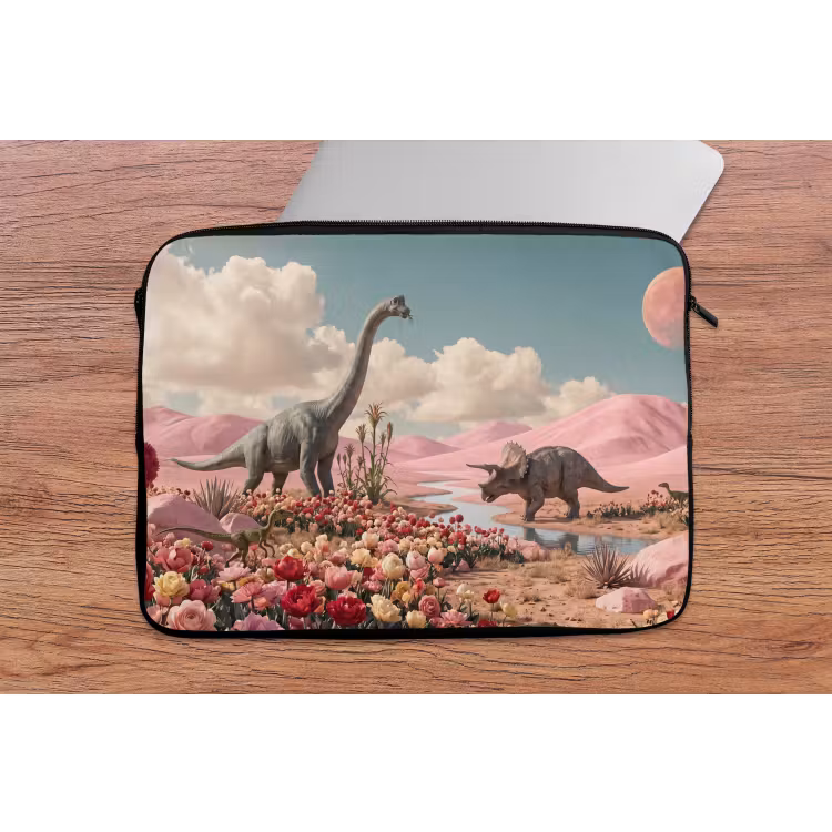 Laptop Sleeve - Dinosaur - Pink - Landscape - Dinosaurus - Roze - Landschap laptophoes neopreen klein