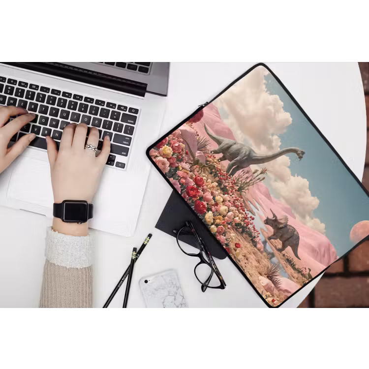Laptop Sleeve - Dinosaur - Pink - Landscape - Dinosaurus - Roze - Landschap laptophoes neopreen klein