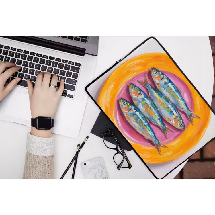 Vis - Vier - Eten - Modern - Kleurrijk laptophoes neopreen klein -bureau
