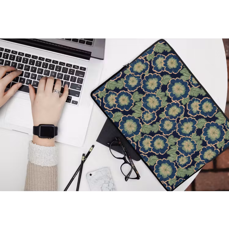 Bloemen - Borduurwerk - Patroon - Blauw - Groen laptophoes neopreen klein 279 -bureau