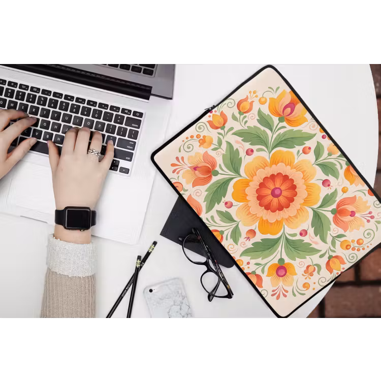 Bloemen - Patroon - Decoratief - Oranje laptophoes neopreen klein -bureau