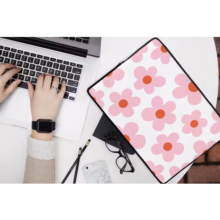 Bloemen - Patroon - Modern - Roze - Wit laptophoes neopreen klein -bureau